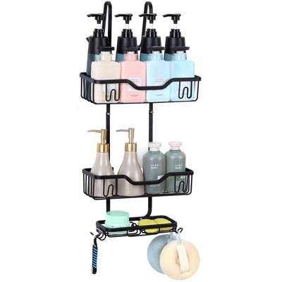 Oumilen Hanging Shower Caddy Bathroom Shower Organizer Shelves with 4 Hooks and Soap Rack, Silver