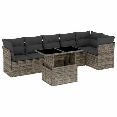 vidaXL 7 Piece Patio Sofa Set with Cushions Gray Poly Rattan