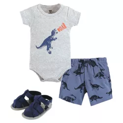 Hudson Baby Infant Boy Cotton Bodysuit, Shorts and Shoe Set, Dino Roar, 9-12 Months