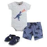 Hudson Baby Infant Boy Cotton Bodysuit, Shorts and Shoe Set, Dino Roar