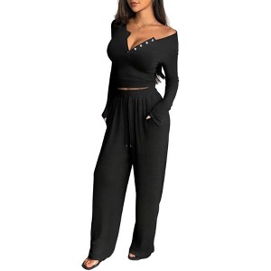 Coolmee Women's Lounge Sets 2 Piece Long Sleeve Crop Top and Wide Leg Pants Casual Loungewear Pajamas Set - 1 of 4