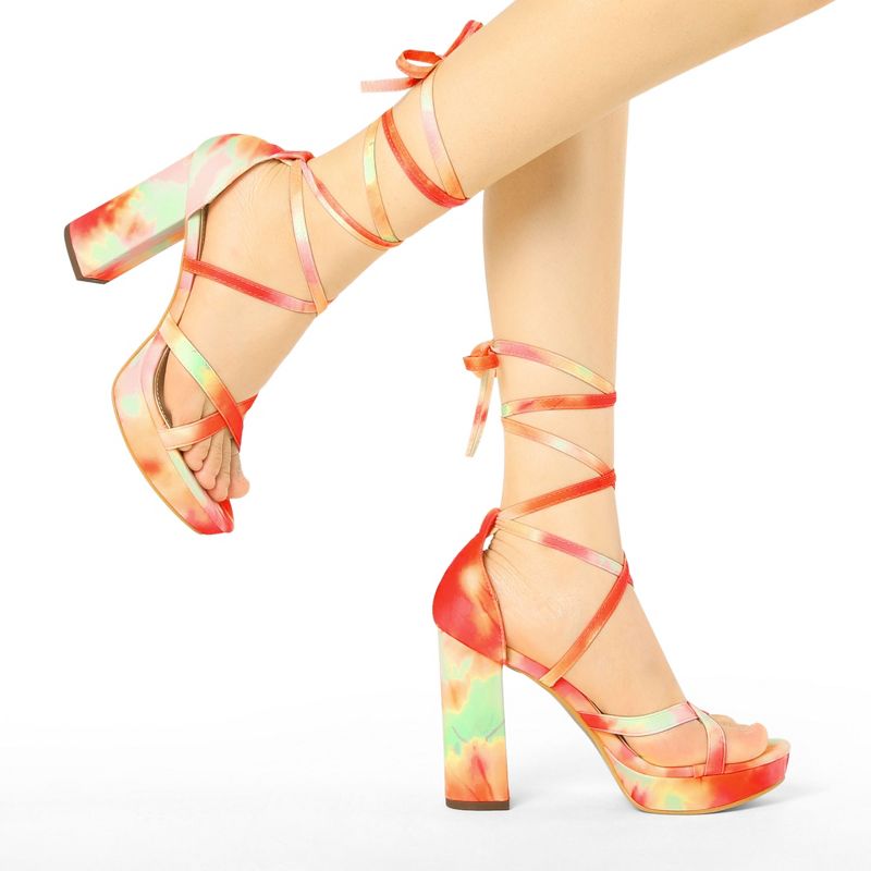 Allegra K Women's Tie Dye Platform Chunky Heel Lace Up Sandals, 2 of 8
