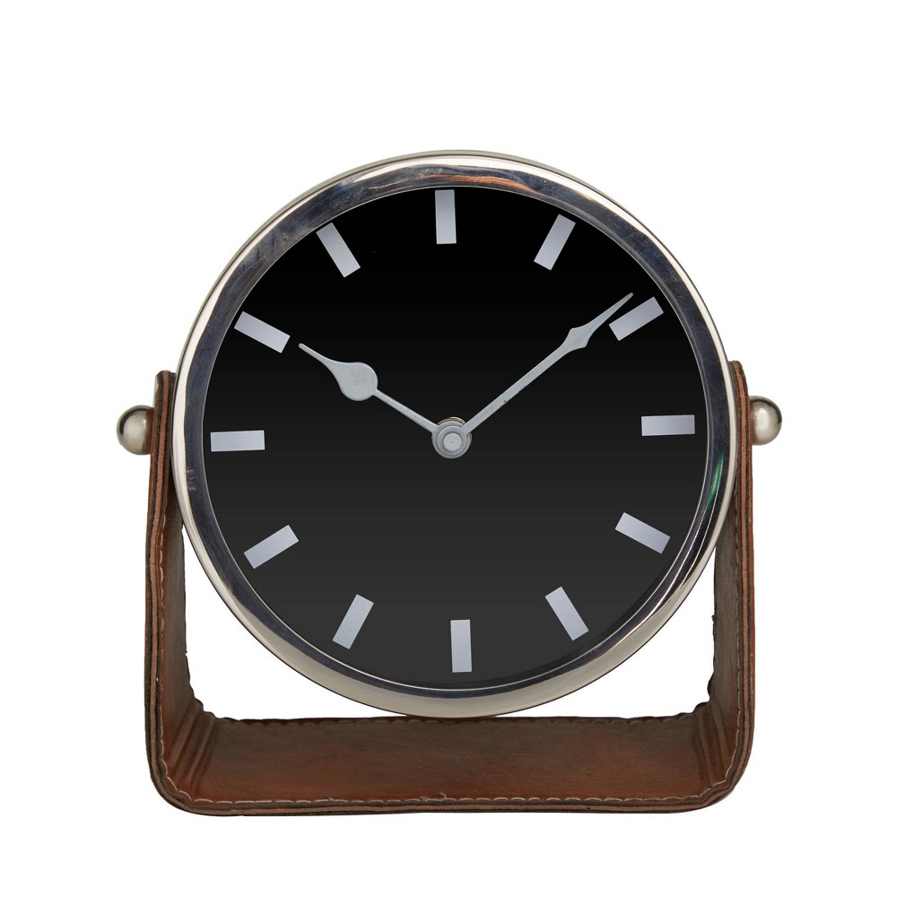 7"x7" Stainless Steel Clock with Leather Stand Silver - Olivia & May: Silent Mechanism, Modern Desk Timepiece, No Assembly Required