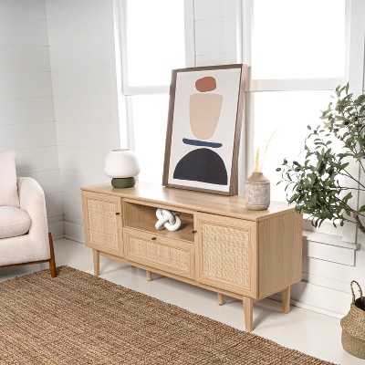 Finley 59" Oak TV Stand with Rattan Paneling and Storage