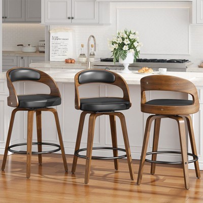Gikpal Bar Stools, 26" Counter Height Barstools with Bentwood Legs, Modern Faux Leather Upholstered Bar Chairs for Kitchen Island, 4 Pieces, Black
