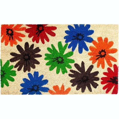 HomeRoots 17" X 29" Natural Blue Green And Orange  Floral Outdoor Coir Door Mat