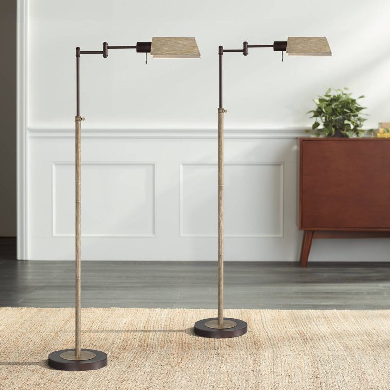 Regency Hill Jenson Farmhouse Rustic 54" Tall Standing Floor Lamps Set of 2 Lights Swing Arm Pharmacy Adjustable Metal Bronze and Faux Wood Finish, 2 of 10