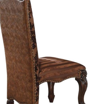 Brown Faux Leather Floral Wood Dining Side Chairs Set of 2