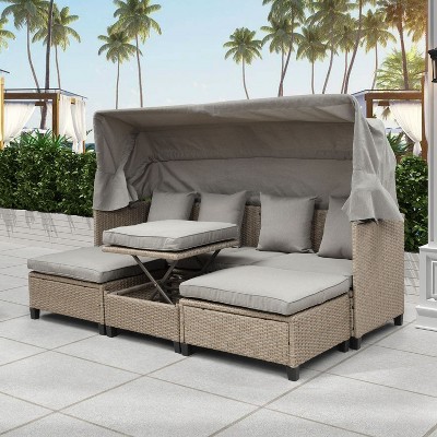 Janey 4 Piece Wicker Sectional Sofa, Patio Daybed with Retractable Canopy, Lifting Table and Removable Cushion, Outdoor Furniture - Maison Boucle