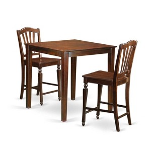 Counter Height Pub Set - 3 Piece Asian Style Table & Chairs - Small Space Dining Set - 36x36 Inch Mahogany - 1 of 4