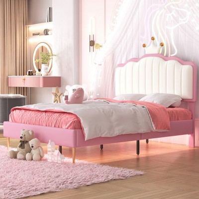 ALEXOUN Upholstered Bed Frame, Modern Upholstered Princess Bed with Crown Headboard Golden Metal Legs,for Girl, White+Pink