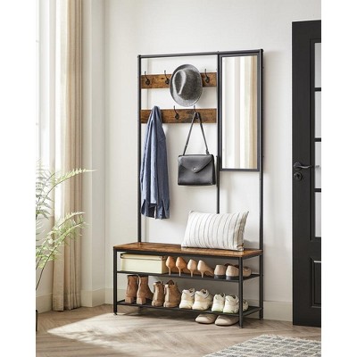 Rustic Brown and Black Hall Tree with Storage Bench