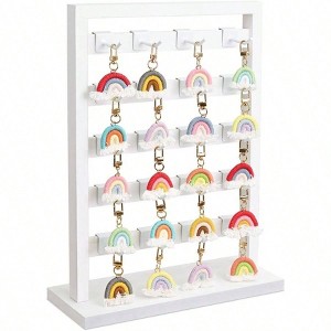 5 Tiers Wooden Jewelry Display Rack with 20 Metal Hooks, Earring Card Stand, Organizer, Bracelet Keychain Holder, Wash White - 1 of 4