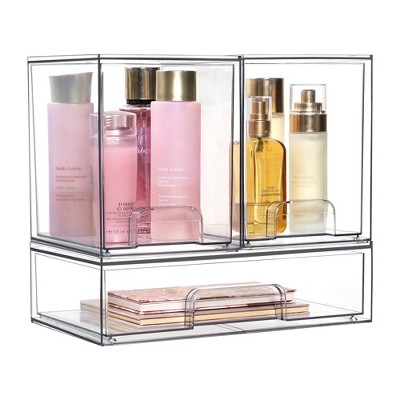 Stackable Storage Drawers Set of 3,Clear Plastic Organizer Bins for Makeup, Cosmetics, Beauty Supplies