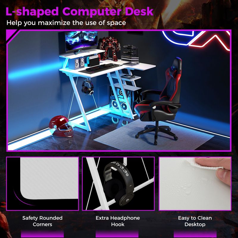 Tangkula Computer Desk w/ Built-in Charge Station Metal Frame Gaming Desk w/ Monitor Shelf Modern Writing Desk Workstation Table for Office Room Black/White/Pink, 2 of 10