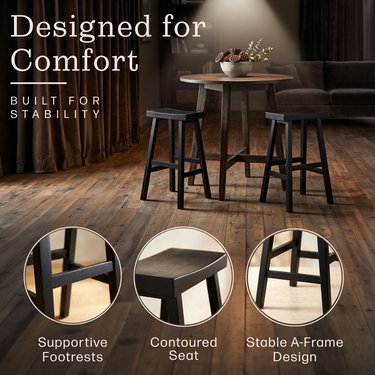 Alaterre Furniture Hayes Bar Stools Set of 2 - 31-Inch Tall Counter Height Bar Stools with Backless Saddle Seat and Footrests - thumbnail 5