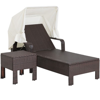 Tangkula 2 Pieces Rattan Lounge Chair Chaise w/ Side Table Folding Canopy Cushion Pillow Patio