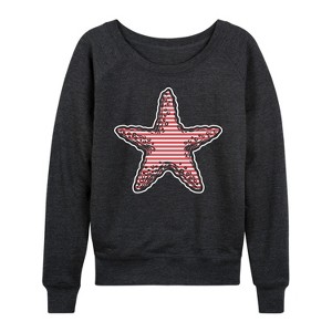 Women's - Instant Message - Nautical Striped Starfish Lightweight French Terry Wide Neck Long Sleeve Graphic Shirt - 1 of 4
