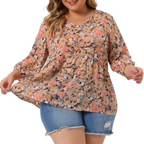 Agnes Orinda Women's Plus Size V Neck Babydoll 3/4 Sleeve Floral