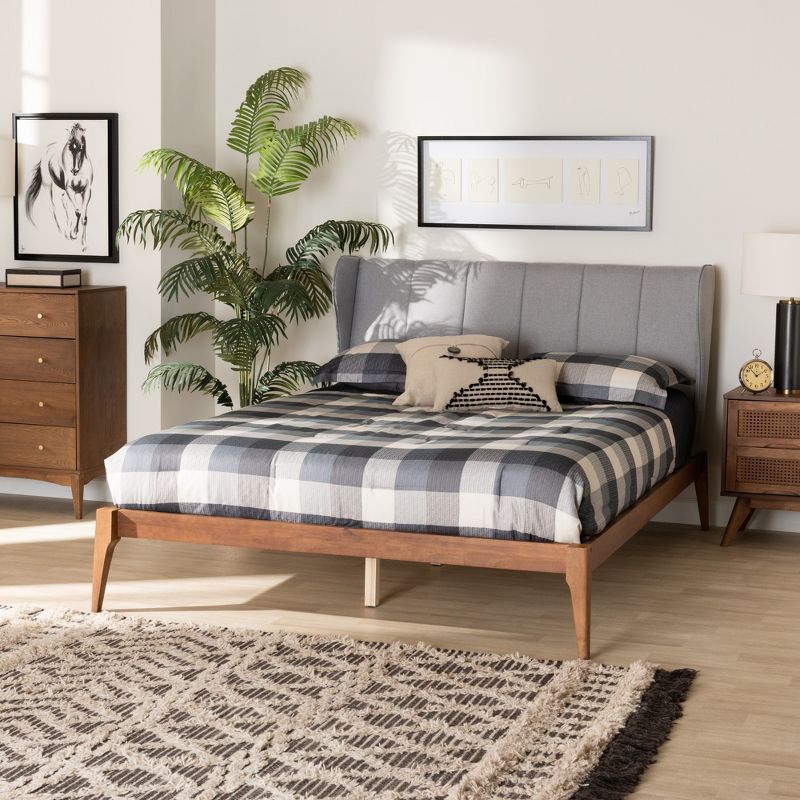 Baxton Studio Royce Mid-Century Modern Transitional Light Grey Fabric and Ash Walnut Finished Wood Queen Size Bed, 1 of 8