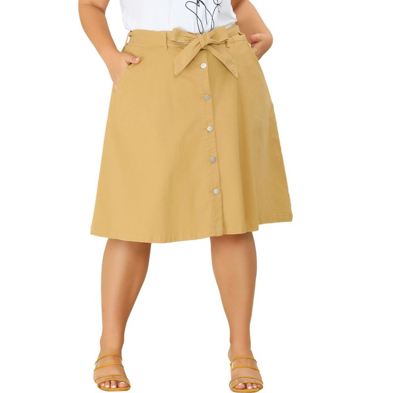 Agnes Orinda Women's Plus Size Denim Tie Waist Button Front A-Line Midi Skirts, 1 of 6