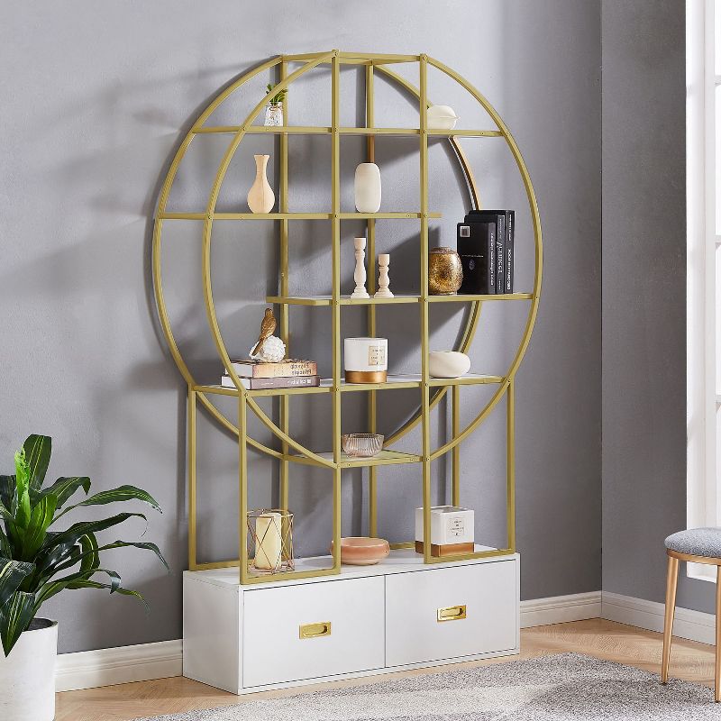 70.8 Inch Round Office Bookcase Bookshelf Retro style Display Shelf, Two Drawers with Round Top for Living Room and Bedroom-The Pop Home, 2 of 11