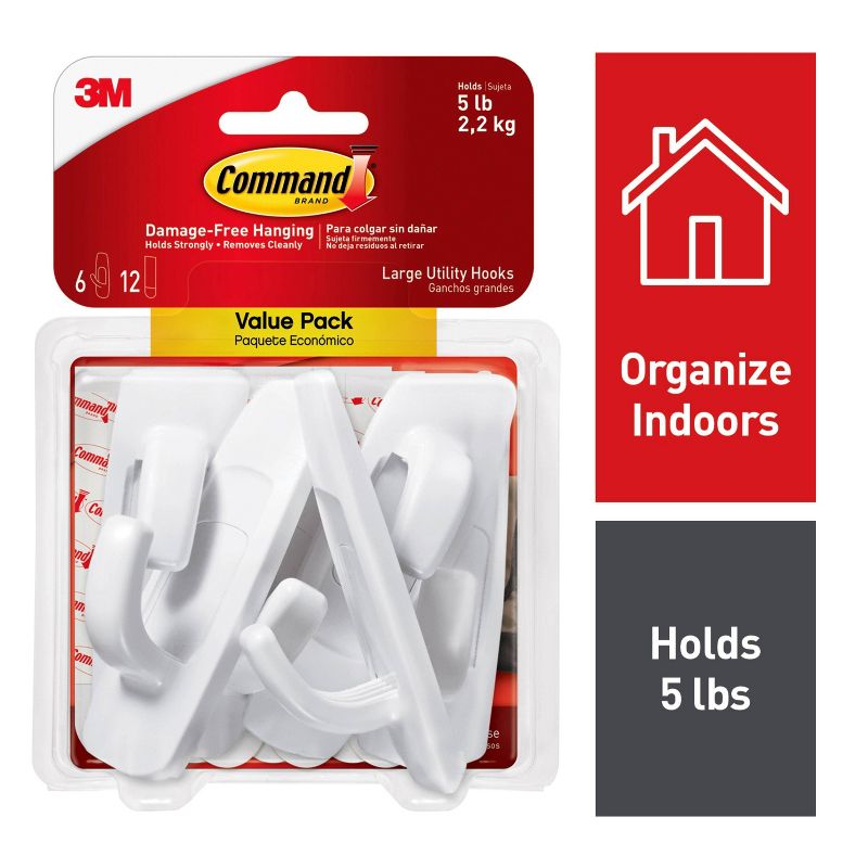 Command 6 Hooks 12 Strips Large Sized Utility Decorative Hooks Value Pack White, 3 of 16