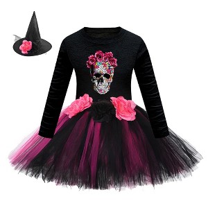 MyKids-USA Arrival Girls’ Halloween Costume: Long Sleeves Cartoon Printed Witches Cosplay Party Tulle Patchwork Dress with Hat Set - 1 of 4