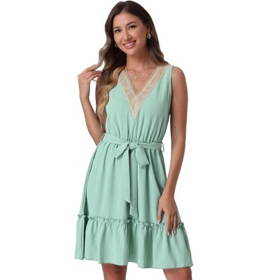 Allegra K Women's Ruffled Hem Waist Strap V Neck Sleeveless Bohemian Midi Dress