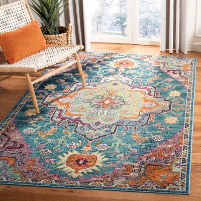 Teal Rose Floral Elegance Round Rug - Synthetic, Stain-Resistant