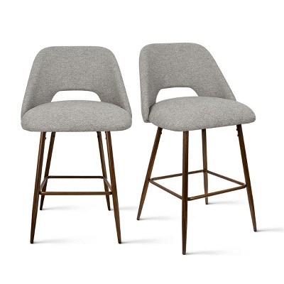 Gray Upholstered Counter Stools with Walnut Metal Legs, Set of 2