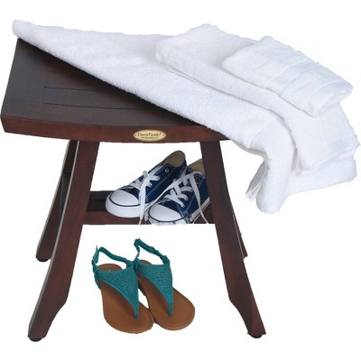 Compact Woodland Brown Teak Shower Bench with Adjustable Foot Levelers