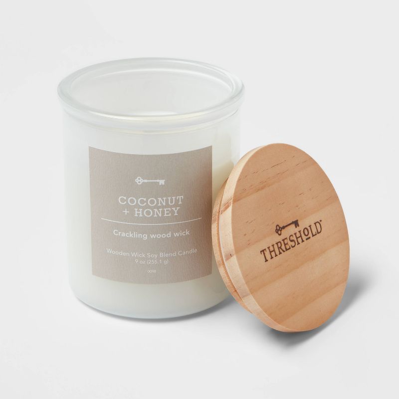 Milky White Glass Coconut and Honey Lidded Wooden Wick Jar Candle 9oz - Threshold&#8482;, 3 of 4