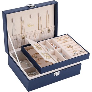 2-Layer Pink PU Leather Jewelry Box, Vintage Organizer with Removable Tray for Necklaces, Earrings, Rings, Bracelets - 1 of 4