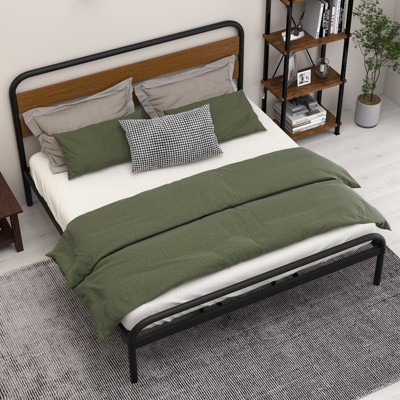 King Size Bed Frame with Wood Headboard - Heavy Duty Metal Platform, Under Bed Storage, Noise Free, Red Brown
