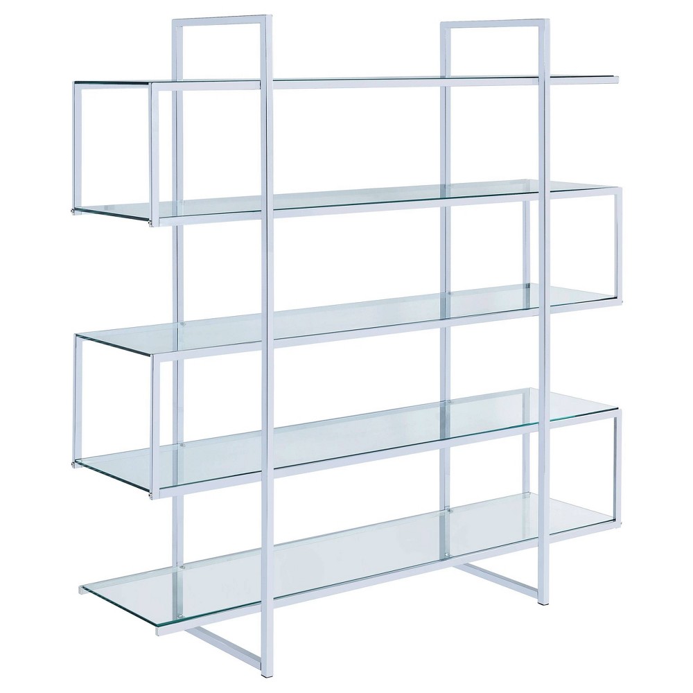 Photos - Wall Shelf 63" Contemporary 5 Shelf Zig Zag Bookcase with Glass Shelves Chrome - Coas