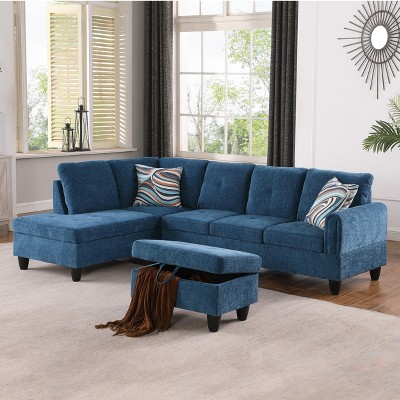 AndMakers 97 in. W Square Arm 3-piece L Shaped Polyester Modern Sectional Sofa in Blue with Storage
