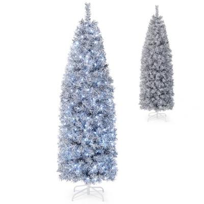 Tangkula 6/7FT Pre-lit Artificial Christmas Tree Hinged Pencil Xmas Tree w/475/670 Branch Tips 250/350 Cold-white LED Lights