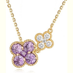 Birthstone Four Leaf Clover Necklace 14K Gold Plated CZ Flower Jewelry - 1 of 4