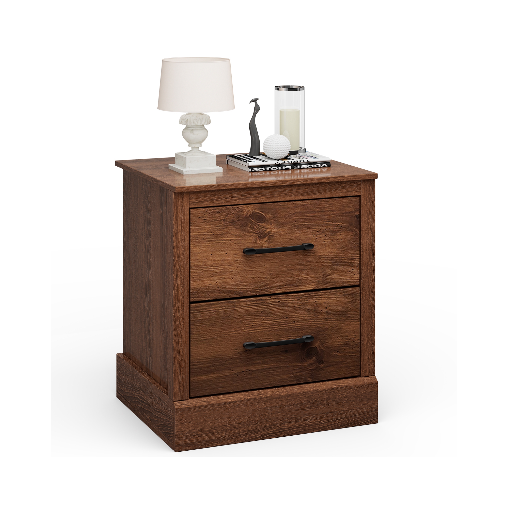 Costway 2 Drawer Nightstand Bedside Table Compact Sofa End Table Rustic Walnut