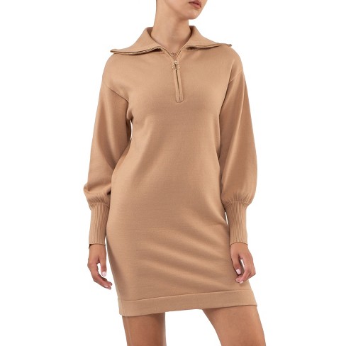 August Sky Women's Half Zip Oversized Collar Sweater Dress (tan L