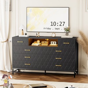 Jojoka Modern 8 Drawer Wood Dresser with Gold Knobs, Solid Wood TV Console with LED Lights & Power Outlet for Bedroom - 1 of 4