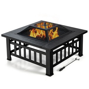 Tangkula 3 in 1 Patio Fire Pit Table Outdoor Square Fire bowel w/ BBQ Grill & Rain Cover - 1 of 4