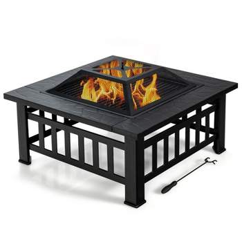 Tangkula 3 in 1 Patio Fire Pit Table Outdoor Square Fire bowel w/ BBQ Grill & Rain Cover