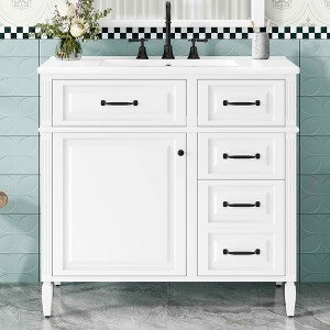 MAYEERTY 36" Bathroom Vanity with Sink White Solid Wood Flip Drawer 3 Drawers 2 Doors Black Metal Handles MDF - 1 of 4