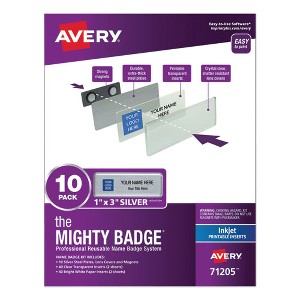 The Mighty Badge Name Badge Holder Kit, Horizontal, 3 x 1, Laser, Silver, 10 Holders and 80 Inserts/Kit The Mighty Badge Name Badge Holder Kit, Horizontal, 3 x 1, Laser, Silver, 10 Holders and 80 Inserts/Kit