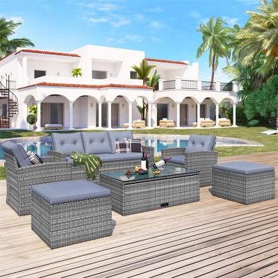ELJGET 6 Pieces All-Weather PE rattan Patio Furniture Set, Outdoor Wicker Conversation Set with Dining Table, Ottomans, Removable Cushions
