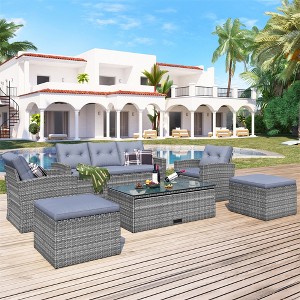 ELJGET 6 Pieces All-Weather PE rattan Patio Furniture Set, Outdoor Wicker Conversation Set with Dining Table, Ottomans, Removable Cushions - 1 of 4