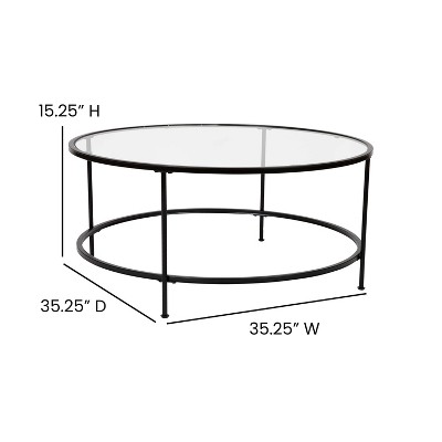38" Round Glass Coffee Table with Matte Black Metal Base
