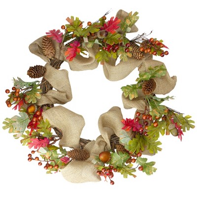 Northlight 18" Unlit Berry, Acorns, Pinecones, and Burlap Artificial Thanksgiving Wreath